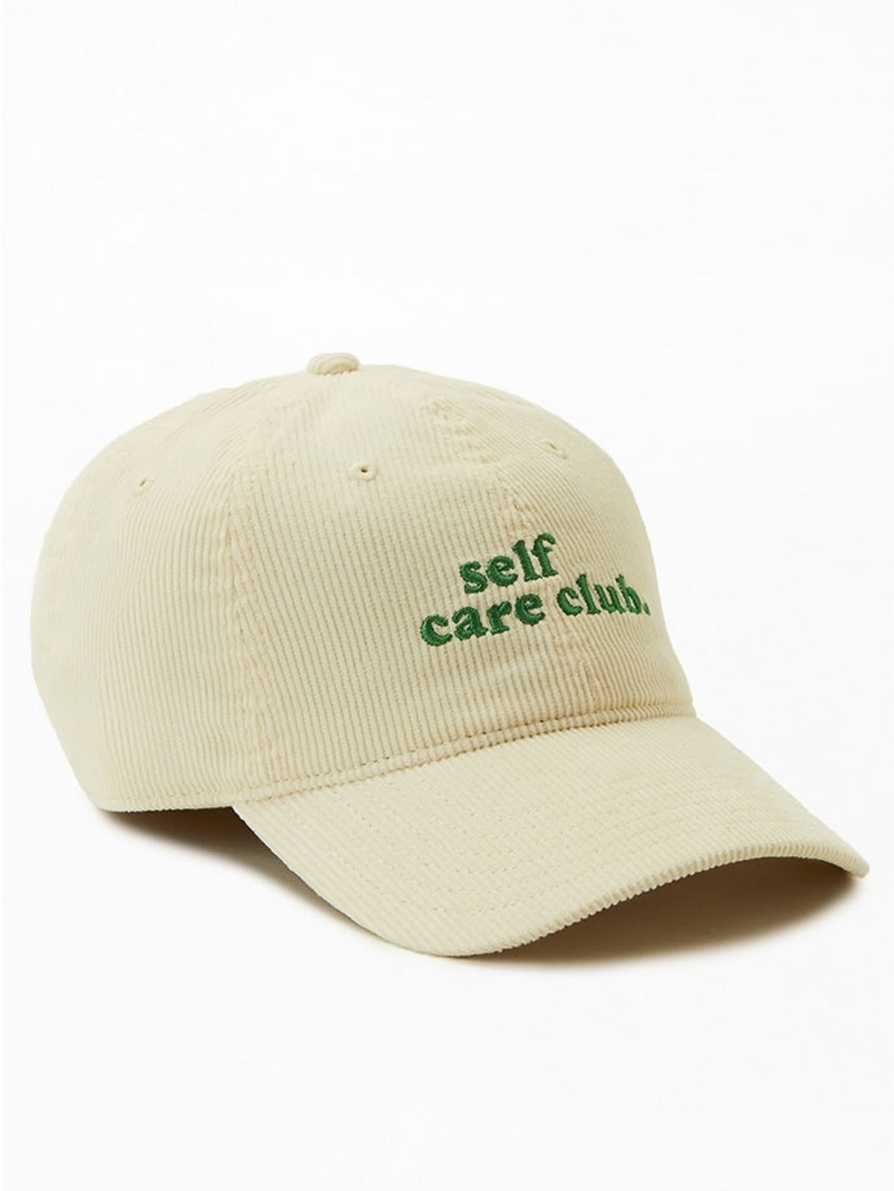 PacSun Cream Corduroy 'Self Care Club' Baseball Cap with Green Embroidery